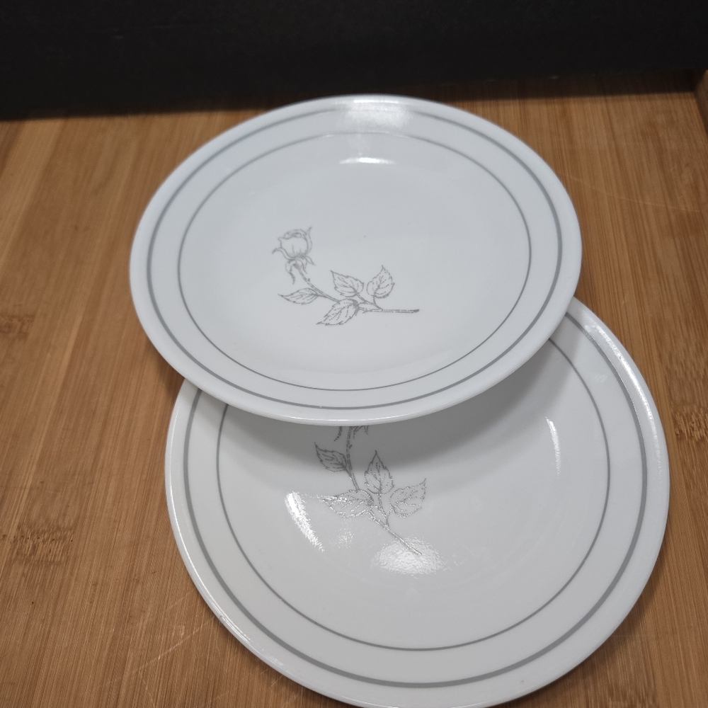 Set of 2 Corelle Solitary Gray Rose Dessert Plates, single rose grey stripes
